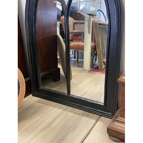 1198 - Black lacquer Gothic mirror, approx 122cm H x 80cm W