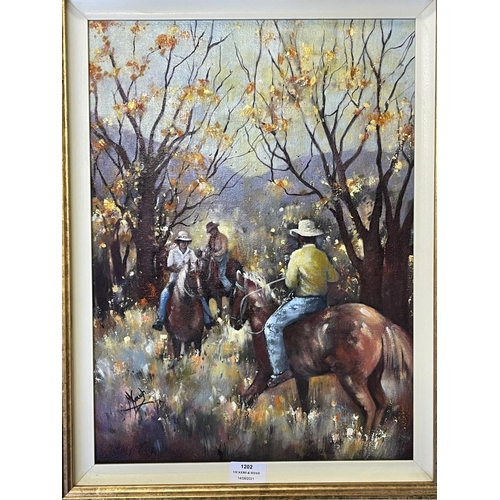 1202 - Margot Gough, The Encounter, oil on board, signed lower left, approx 46 cm x 33.5 cm