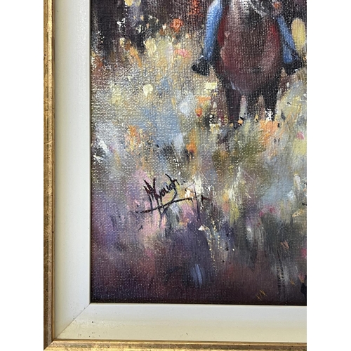 1202 - Margot Gough, The Encounter, oil on board, signed lower left, approx 46 cm x 33.5 cm