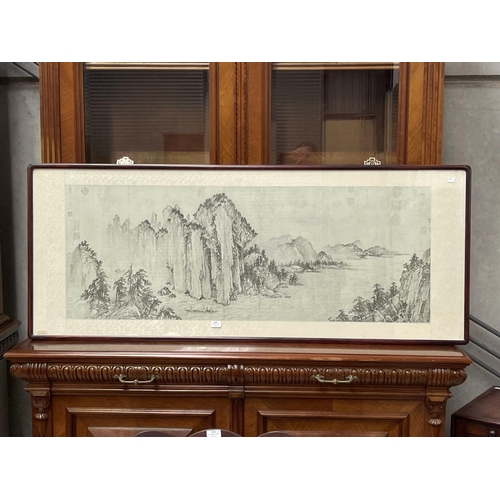 1209 - Rare Chinese The Red Cliff, large long framed scroll picture,  approx 50cm x 135cm