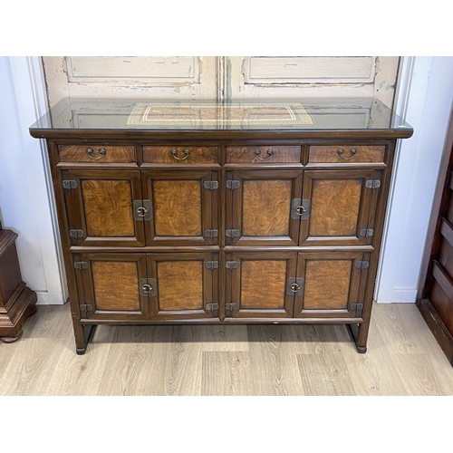 1213 - Korean multi drawer and door side cabinet, with recessed burr wood panels, approx 95cm H x 128cm W x... 