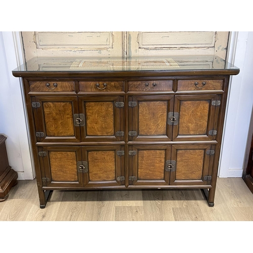 1213 - Korean multi drawer and door side cabinet, with recessed burr wood panels, approx 95cm H x 128cm W x... 