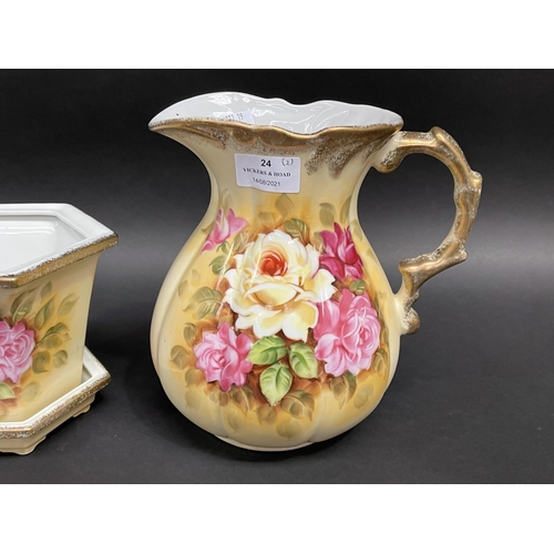 24 - Water jug and a jardiniere with under dish, approx 21cm and smaller (2)