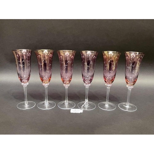 30 - Set of six wheel cut decoration champagne flutes, approx 23cm H (6)