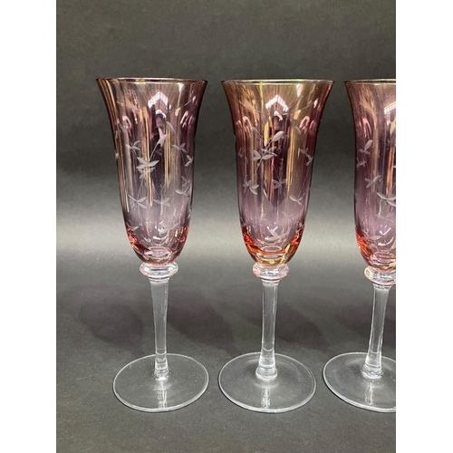 30 - Set of six wheel cut decoration champagne flutes, approx 23cm H (6)