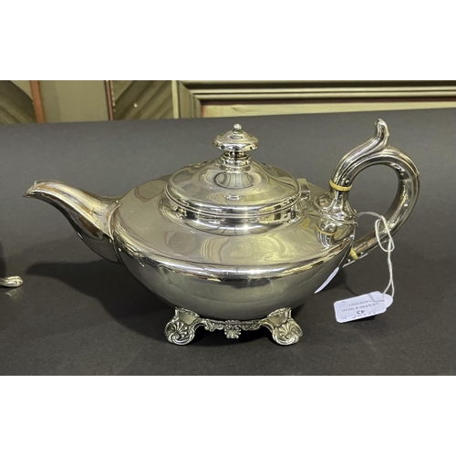 43 - Antique old Sheffield plate tea pot along with an antique spirit kettle on warming stand with burner... 
