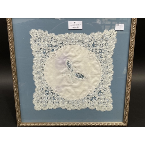 51 - Framed antique hand made lace handkerchief by Flora Dale Copes, approx 23cm sq