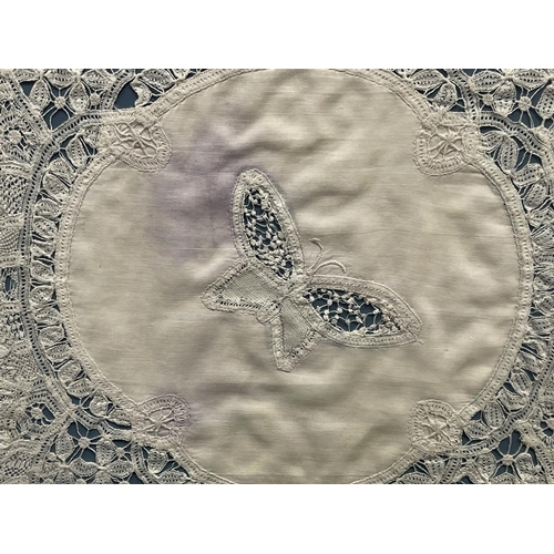 51 - Framed antique hand made lace handkerchief by Flora Dale Copes, approx 23cm sq