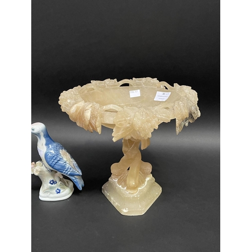 53 - Alabaster comport and a Zsolnay bird figure, approx 28cm x 25cm and smaller (2)