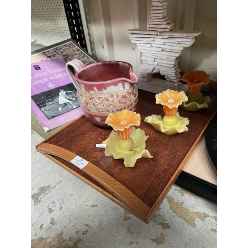 63 - Assortment, service tray, lazy Susan, French wax flower form candles, studio pottery jug etc