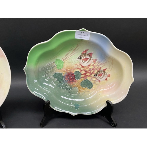 67 - Royal Doulton 'The Old Wife' scalloped edge dish and a plate, approx 27cm x 24cm and 27cm Dia