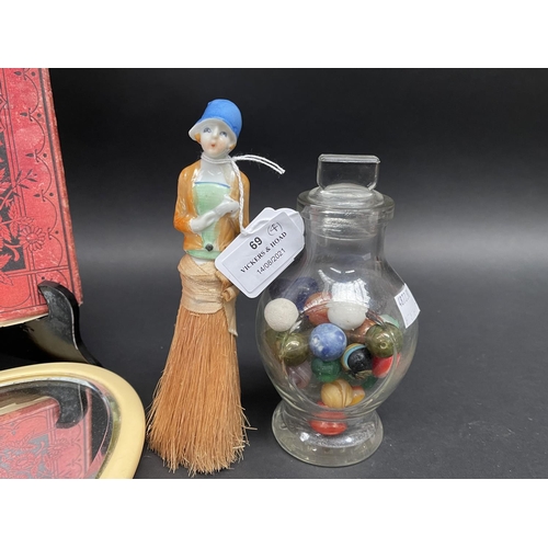 69 - Vintage hand mirror, 1/2 doll brush, marbles and The Old Country Book