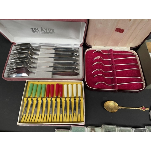 75 - Souvenir spoons etc along with an assortment of boxed silver plate etc, forks, pepper and salt etc