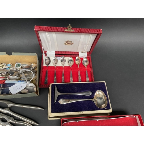 75 - Souvenir spoons etc along with an assortment of boxed silver plate etc, forks, pepper and salt etc