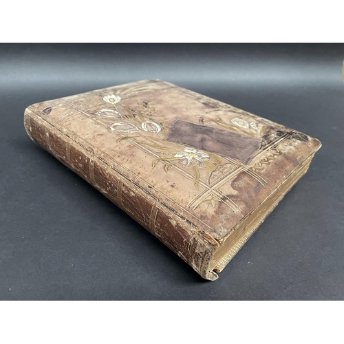 76 - Antique leather bound embossed photo album no clasp, approx 30cm x 24cm x 7cm