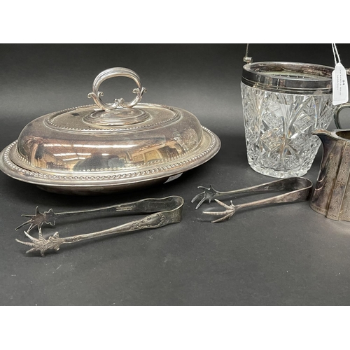 84 - Group lot of silver plate to include lidded tureen, ice bucket and tongs, sugar and creamer, approx ... 
