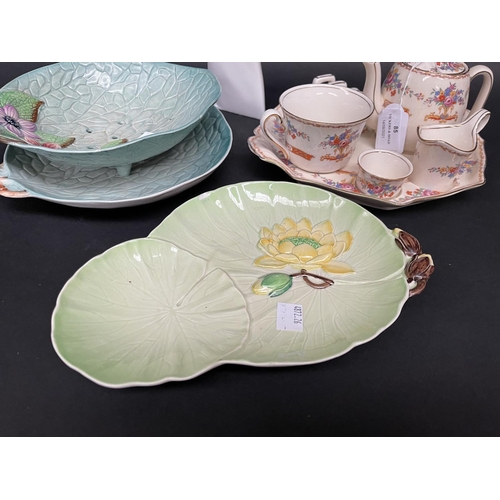 85 - Carlton Ware lettuce strainers, another and Lladro style figure, etc, approx 22cm H and smaller