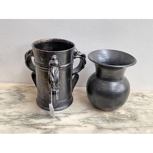 88 - Two Prinknash silvered metal glaze pottery Tig and a vase, approx 19cm H and shorter (2)