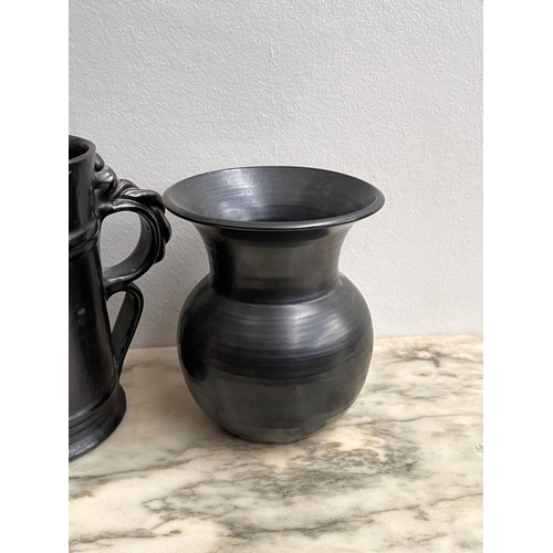 88 - Two Prinknash silvered metal glaze pottery Tig and a vase, approx 19cm H and shorter (2)