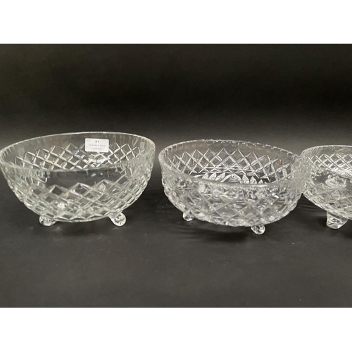 91 - Three crystal fruit bowls and a dressing table lidded jar, approx 9cm x 19cm dia and smaller  (4)