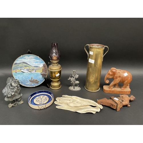 98 - Selection, Trench art brass vase, epergne base, hard stone piece etc