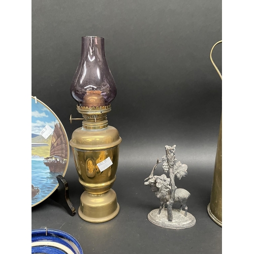 98 - Selection, Trench art brass vase, epergne base, hard stone piece etc
