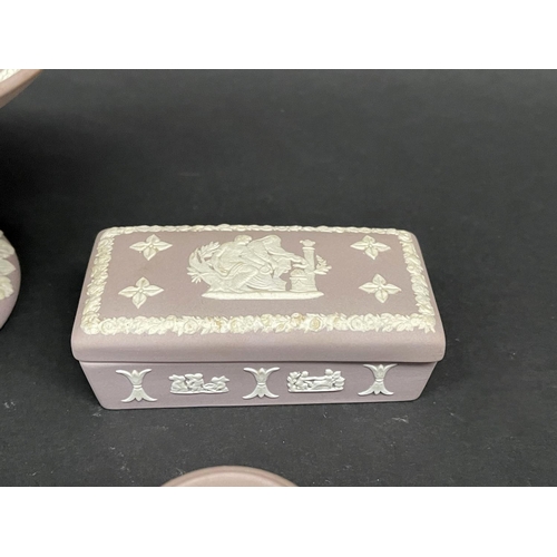 134 - Wedgwood mauve jasper ware, trinkets, vase and comport, approx 9cm H and smaller (5)