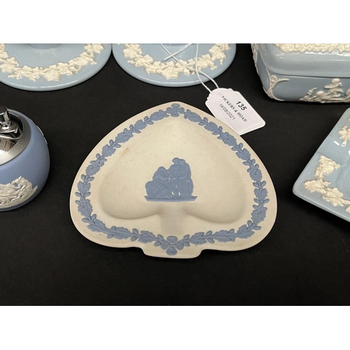 135 - Wedgwood blue jasper cigarette lighter, cigarette pot, ashtrays and candle holder, approx 5cm H and ... 