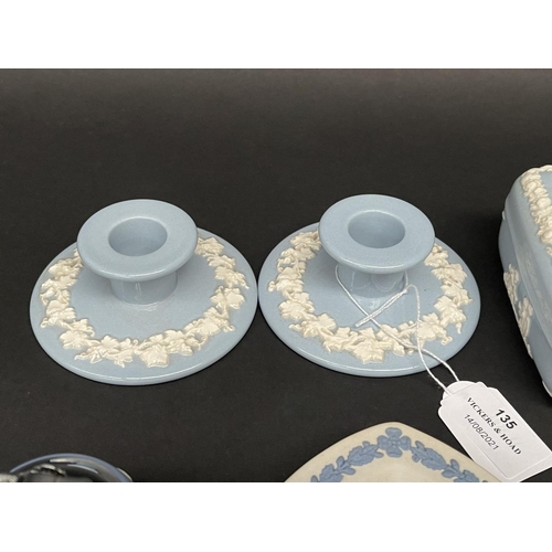 135 - Wedgwood blue jasper cigarette lighter, cigarette pot, ashtrays and candle holder, approx 5cm H and ... 