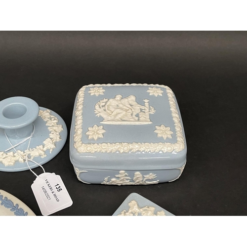 135 - Wedgwood blue jasper cigarette lighter, cigarette pot, ashtrays and candle holder, approx 5cm H and ... 