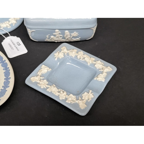 135 - Wedgwood blue jasper cigarette lighter, cigarette pot, ashtrays and candle holder, approx 5cm H and ... 