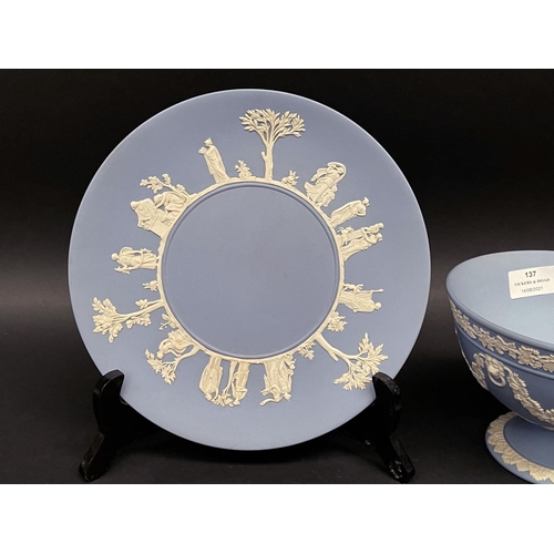 137 - Wedgwood blue jasper ware comport and plate, approx 12.5cm H (2)