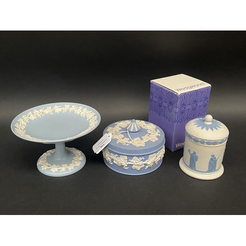 138 - Wedgwood blue jasper lidded circular trinket, cigarette lidded pot and a comport, approx 12cm H and ... 