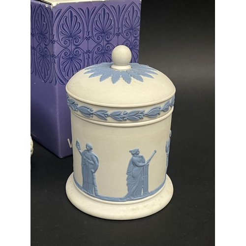 138 - Wedgwood blue jasper lidded circular trinket, cigarette lidded pot and a comport, approx 12cm H and ... 