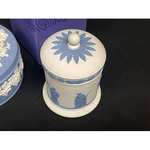 138 - Wedgwood blue jasper lidded circular trinket, cigarette lidded pot and a comport, approx 12cm H and ... 