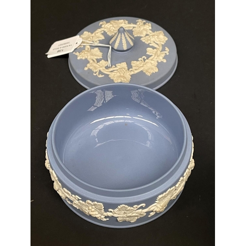 138 - Wedgwood blue jasper lidded circular trinket, cigarette lidded pot and a comport, approx 12cm H and ... 