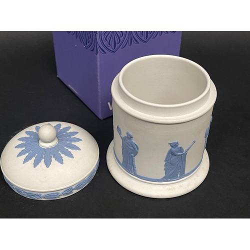 138 - Wedgwood blue jasper lidded circular trinket, cigarette lidded pot and a comport, approx 12cm H and ... 