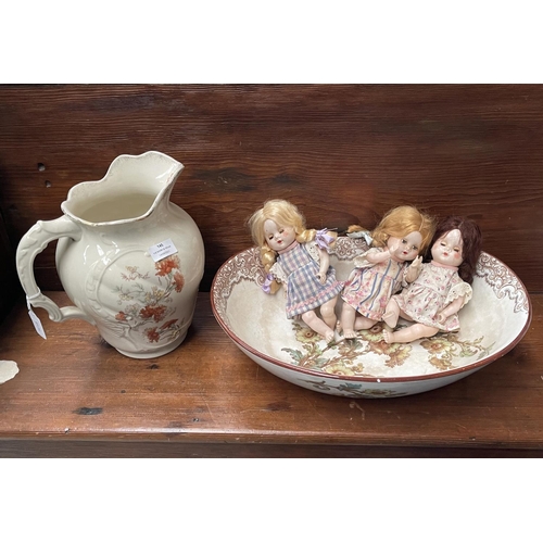 145 - Vintage Jug a Doulton Burslem bowl along with some English dolls, approx 28cm H and smaller