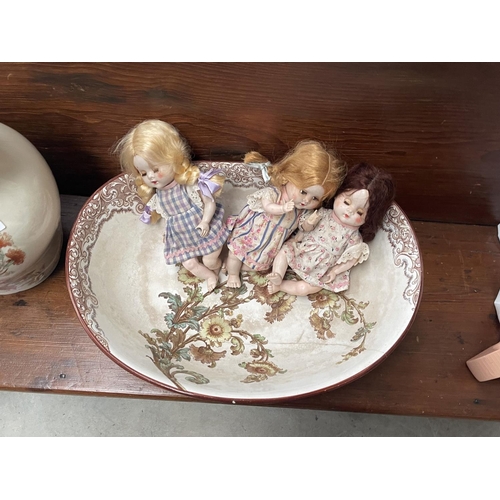 145 - Vintage Jug a Doulton Burslem bowl along with some English dolls, approx 28cm H and smaller