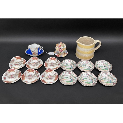 149 - Assortment to include Dresden chocolate cup and saucer, Foley cups and saucers, Chinese raised ename... 