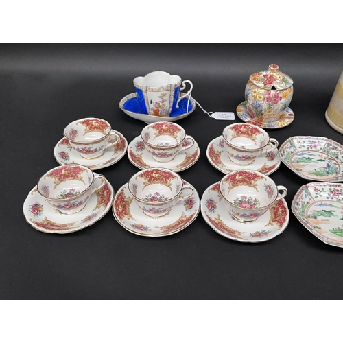 149 - Assortment to include Dresden chocolate cup and saucer, Foley cups and saucers, Chinese raised ename... 