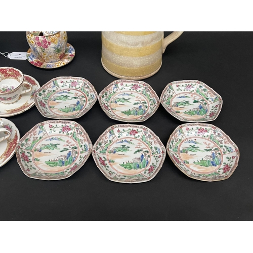 149 - Assortment to include Dresden chocolate cup and saucer, Foley cups and saucers, Chinese raised ename... 