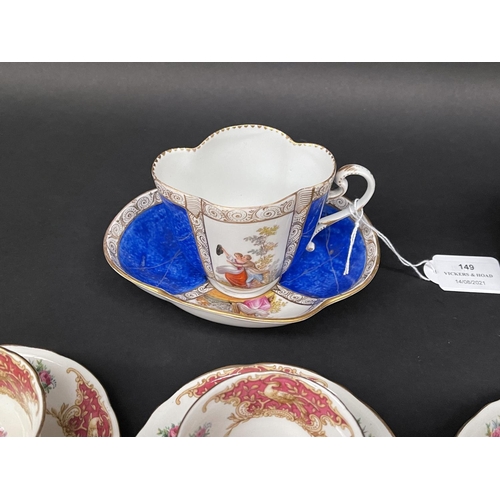 149 - Assortment to include Dresden chocolate cup and saucer, Foley cups and saucers, Chinese raised ename... 