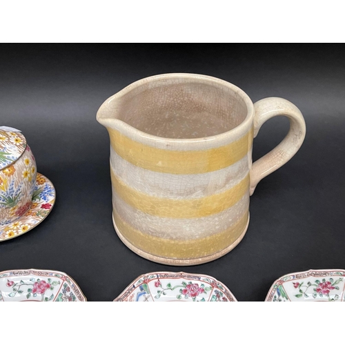 149 - Assortment to include Dresden chocolate cup and saucer, Foley cups and saucers, Chinese raised ename... 