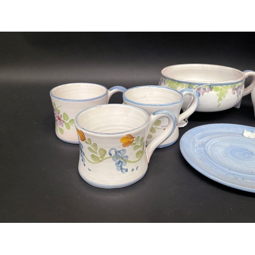 150 - Traditional set of French pottery by Michelle Robin of St Brice, Cognac consisting 3 cups and saucer... 