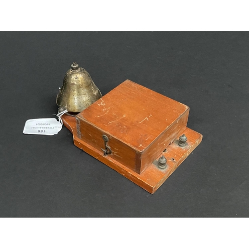 156 - French phone bell, in wooden case, approx 7cm H x 18cm W x 10cm D
