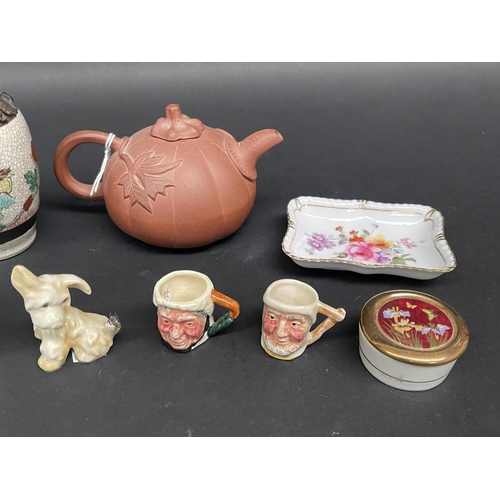 159 - Assortment to include Royal Doulton jug with sheep, egg cup, Sylvac Dog, two Lancaster miniature cha... 