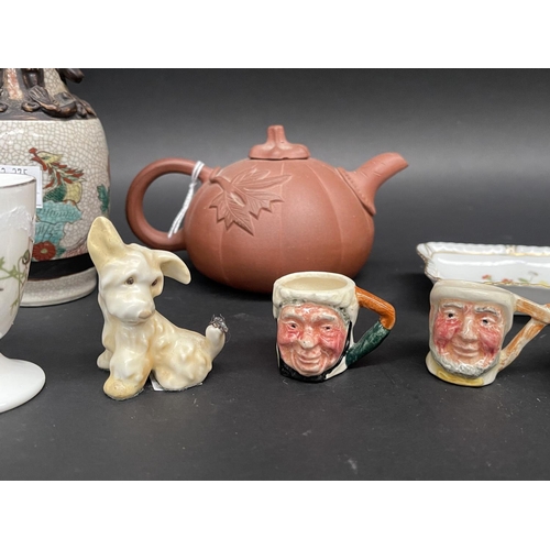 159 - Assortment to include Royal Doulton jug with sheep, egg cup, Sylvac Dog, two Lancaster miniature cha... 