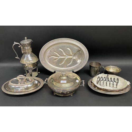 171 - Selection of estate plated serving trays, glass inset vegetable dish, carafe etc