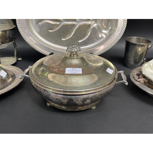 171 - Selection of estate plated serving trays, glass inset vegetable dish, carafe etc